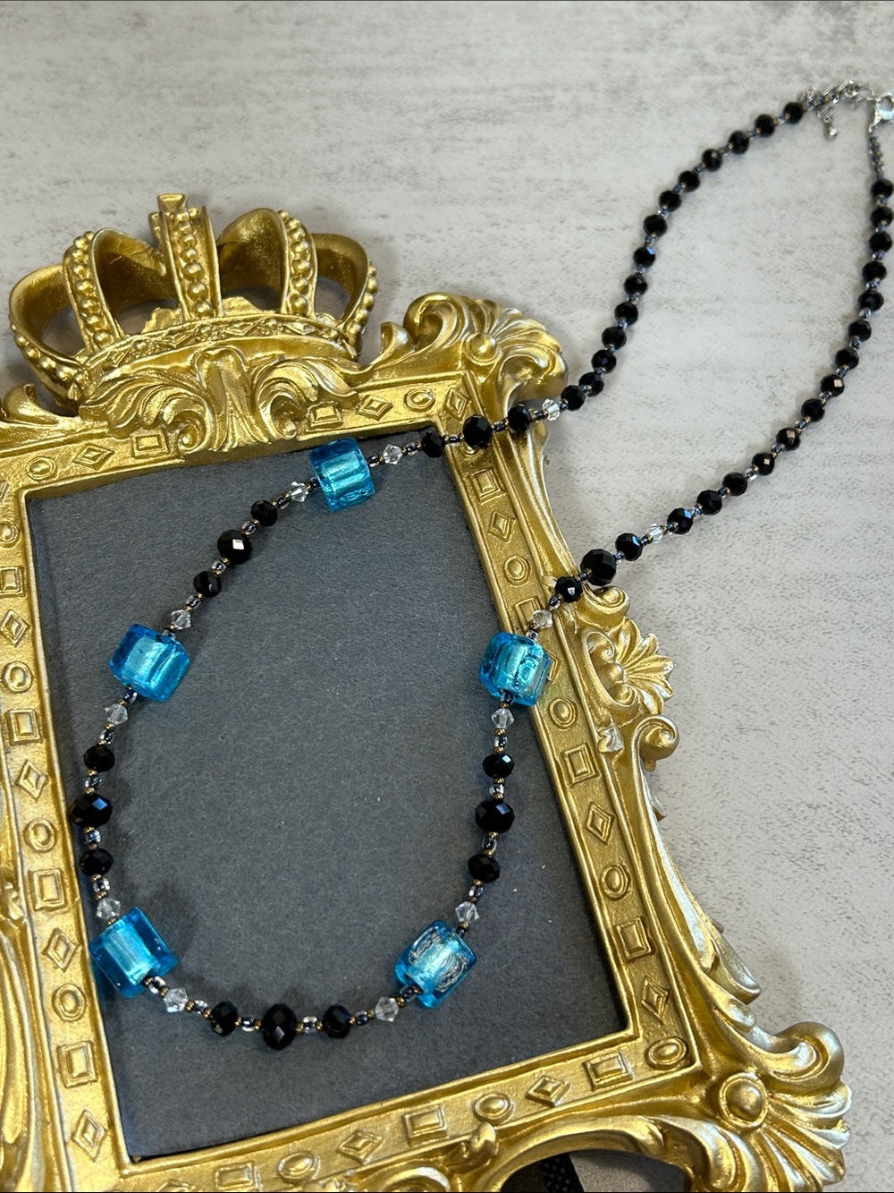 Handmade Blue and Black Glass Beaded Long Necklace